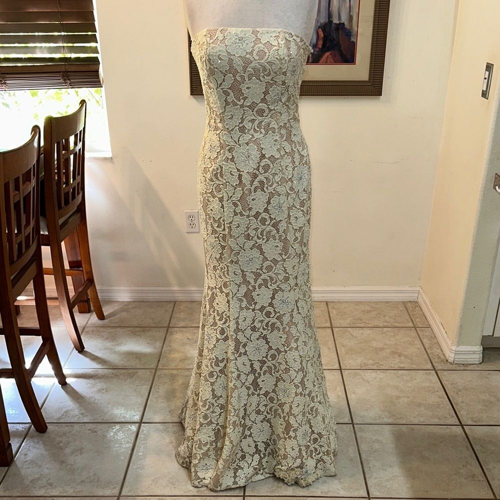 Tony Bowls Evenings Cream/Bronze Lace Beaded Gown Size 8